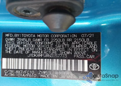 2022 Toyota Prius L from USA, damaged, VIN JTDKAMFU8N3157773